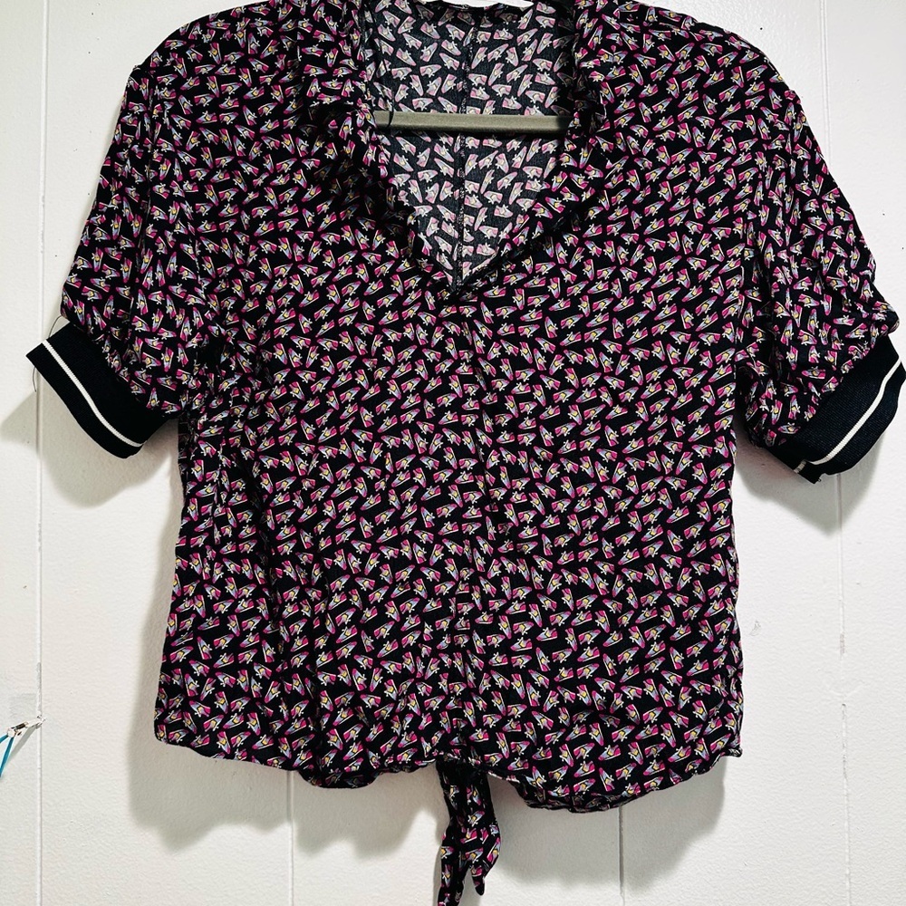 Zara Red and Black Tie Front Button Down Shirt